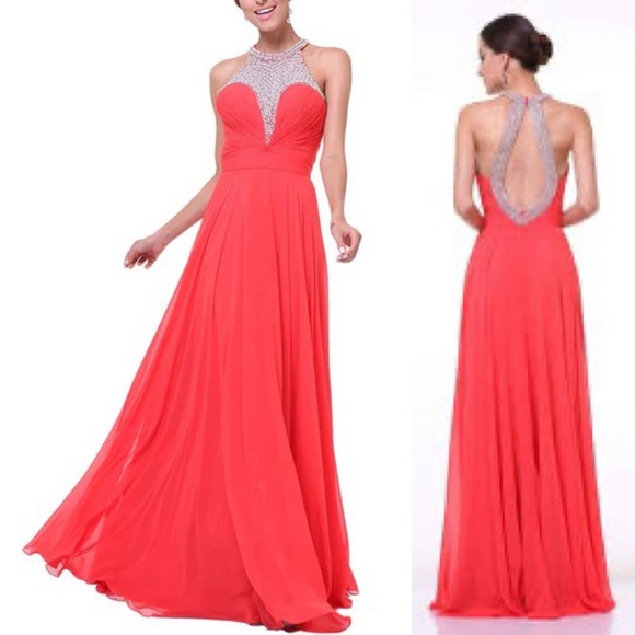 Cinderella Divine Beautiful Bright Coral & Rhinestone Embellished Formal Gown 4 - Picture 8 of 8